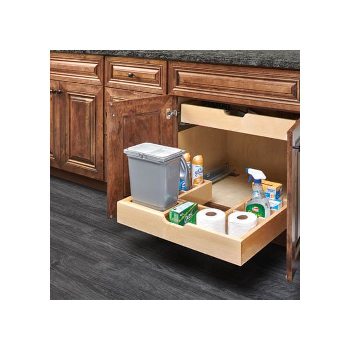 Unique U-shape fits around plumbing. With two trays, this sink base cabinet  slide-out …