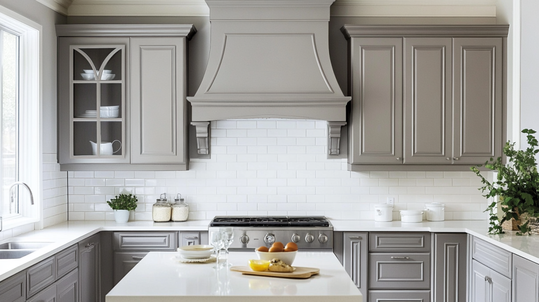 Sophisticated Pairing: Light Gray Cabinets with White Backsplash Tiles